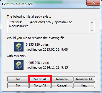 Choose &quot;Yes to All&quot; to replace the old version files with the new ones.